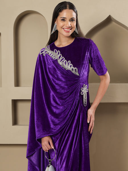 Royal Purple Velvet Hand-Embellished Drape Gown-WRK488