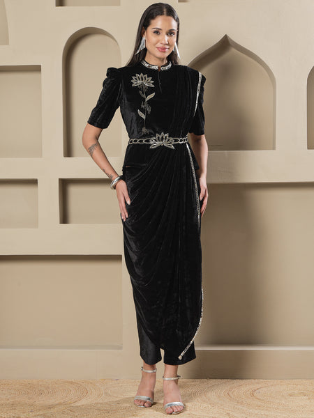 Black Velvet Lotus Embroidered Co-Ord Set with Draped Pant-WRKS260
