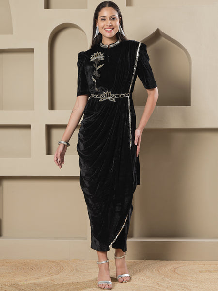 Black Velvet Lotus Embroidered Co-Ord Set with Draped Pant-WRKS260