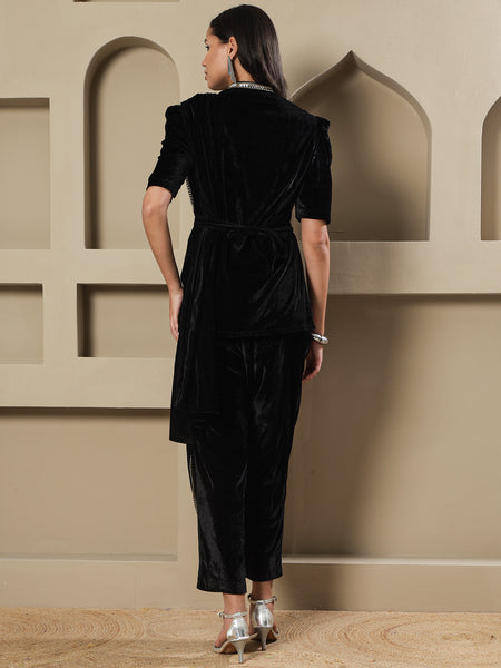 Black Velvet Lotus Embroidered Co-Ord Set with Draped Pant-WRKS260