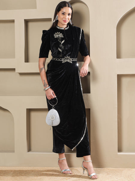 Black Velvet Lotus Embroidered Co-Ord Set with Draped Pant-WRKS260