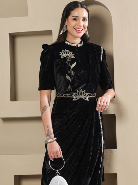 Black Velvet Lotus Embroidered Co-Ord Set with Draped Pant-WRKS260