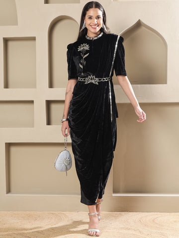 Black Velvet Lotus Embroidered Co-Ord Set with Draped Pant-WRKS260