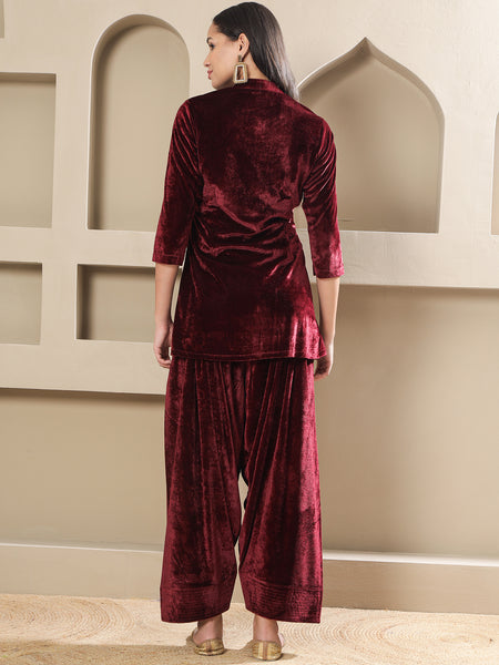 Maroon Velvet Hand-Embellished Kurta with Farshi Salwar-WRKS263