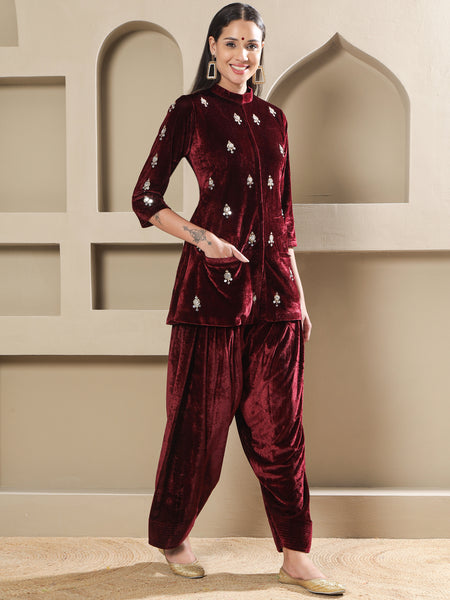 Maroon Velvet Hand-Embellished Kurta with Farshi Salwar-WRKS263