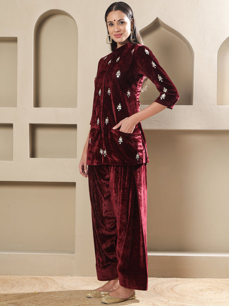 Maroon Velvet Hand-Embellished Kurta with Farshi Salwar-WRKS263
