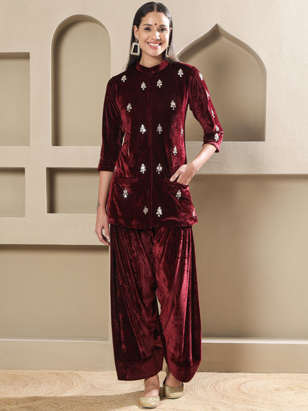 Maroon Velvet Hand-Embellished Kurta with Farshi Salwar-WRKS263