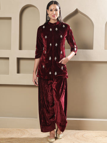 Maroon Velvet Hand-Embellished Kurta with Farshi Salwar-WRKS263