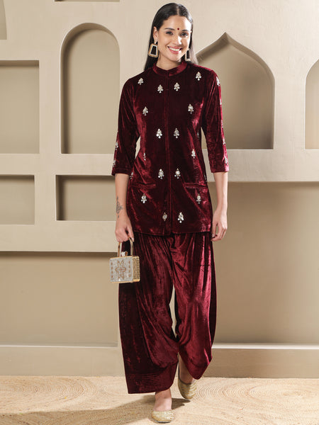 Maroon Velvet Hand-Embellished Kurta with Farshi Salwar-WRKS263