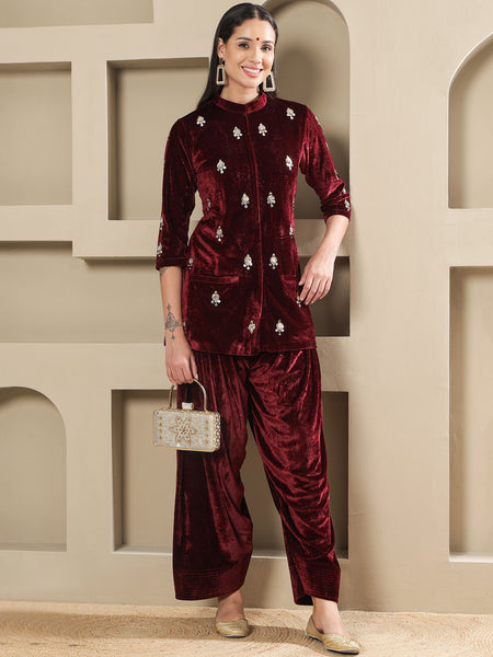 Maroon Velvet Hand-Embellished Kurta with Farshi Salwar-WRKS263