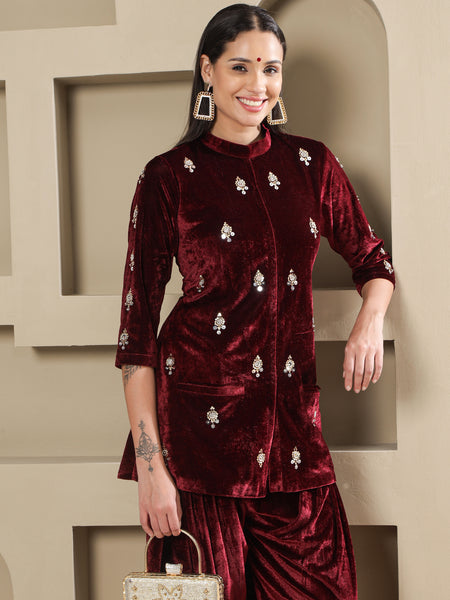 Maroon Velvet Hand-Embellished Kurta with Farshi Salwar-WRKS263