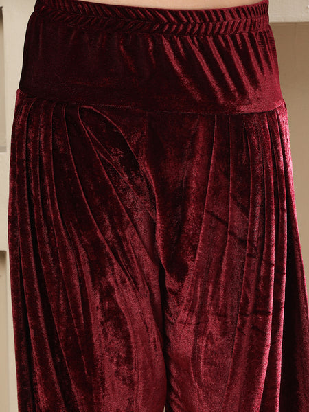 Maroon Velvet Hand-Embellished Kurta with Farshi Salwar-WRKS263