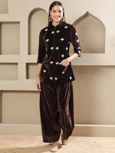 Brown Velvet Hand-Embellished Shirt With Farshi Salwar-WRKS255