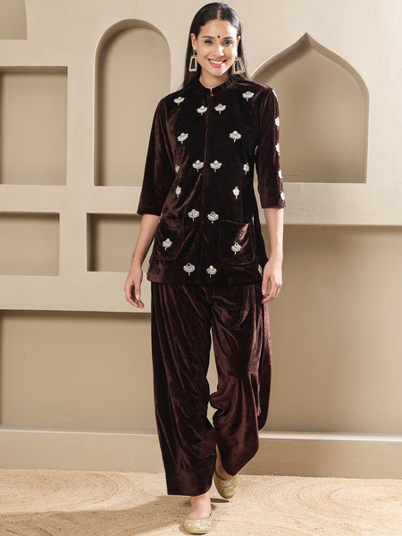 Brown Velvet Hand-Embellished Shirt With Farshi Salwar-WRKS255