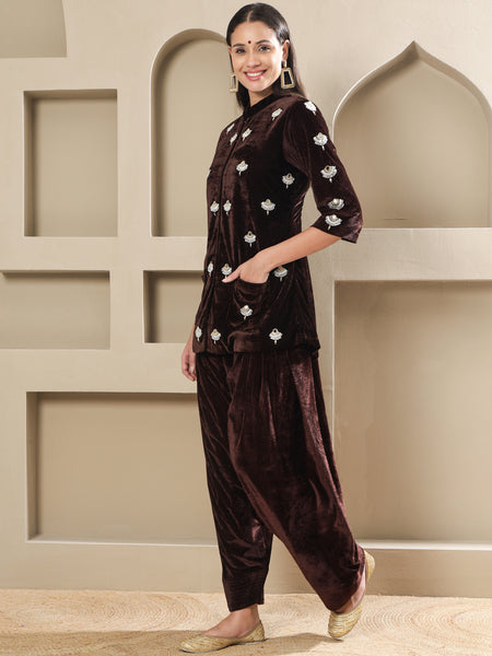 Brown Velvet Hand-Embellished Shirt With Farshi Salwar-WRKS255