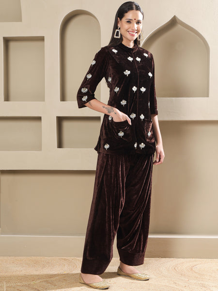 Brown Velvet Hand-Embellished Shirt With Farshi Salwar-WRKS255