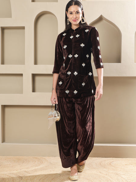 Brown Velvet Hand-Embellished Shirt With Farshi Salwar-WRKS255