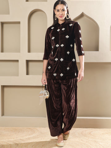 Brown Velvet Hand-Embellished Shirt With Farshi Salwar-WRKS255