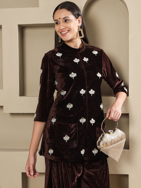 Brown Velvet Hand-Embellished Shirt With Farshi Salwar-WRKS255