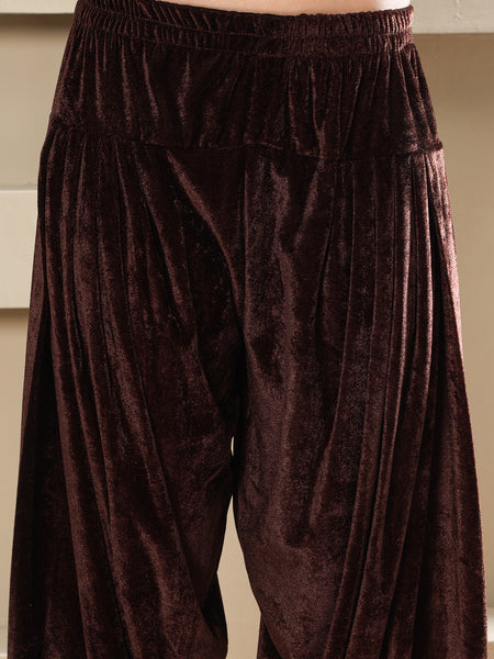 Brown Velvet Hand-Embellished Shirt With Farshi Salwar-WRKS255