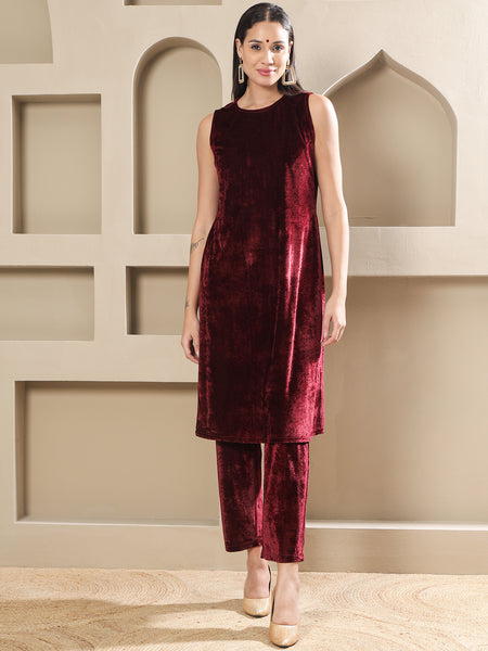 Maroon Velvet Hand-Embroidered Coat Set-WRKS264