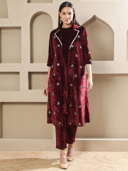 Maroon Velvet Hand-Embroidered Coat Set-WRKS264