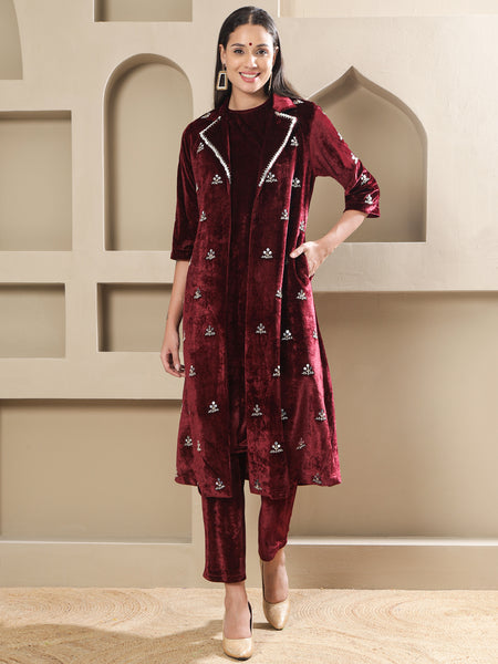 Maroon Velvet Hand-Embroidered Coat Set-WRKS264