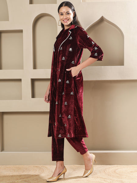Maroon Velvet Hand-Embroidered Coat Set-WRKS264