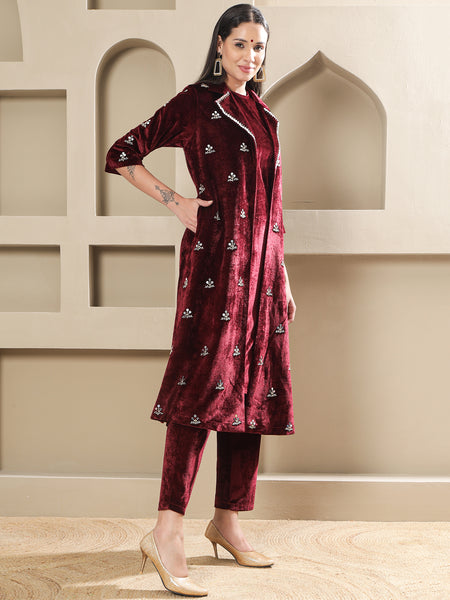 Maroon Velvet Hand-Embroidered Coat Set-WRKS264