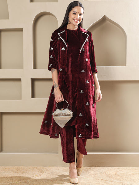 Maroon Velvet Hand-Embroidered Coat Set-WRKS264