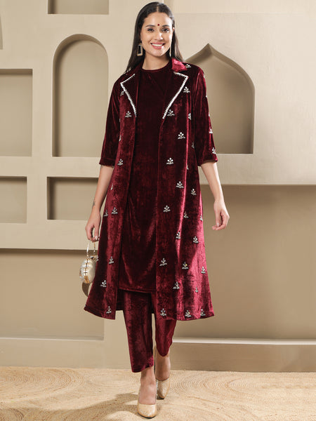 Maroon Velvet Hand-Embroidered Coat Set-WRKS264