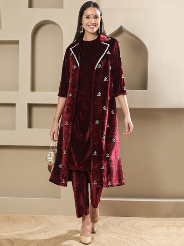 Maroon Velvet Hand-Embroidered Coat Set-WRKS264