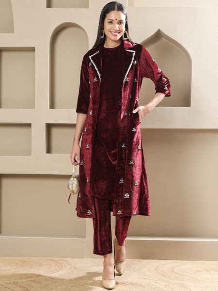 Maroon Velvet Hand-Embroidered Coat Set-WRKS264