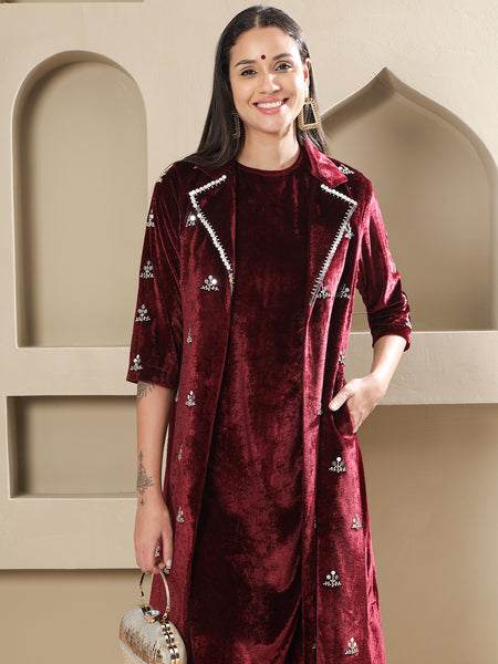 Maroon Velvet Hand-Embroidered Coat Set-WRKS264