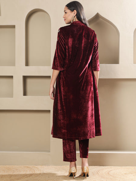 Maroon Velvet Hand-Embroidered Coat Set-WRKS264