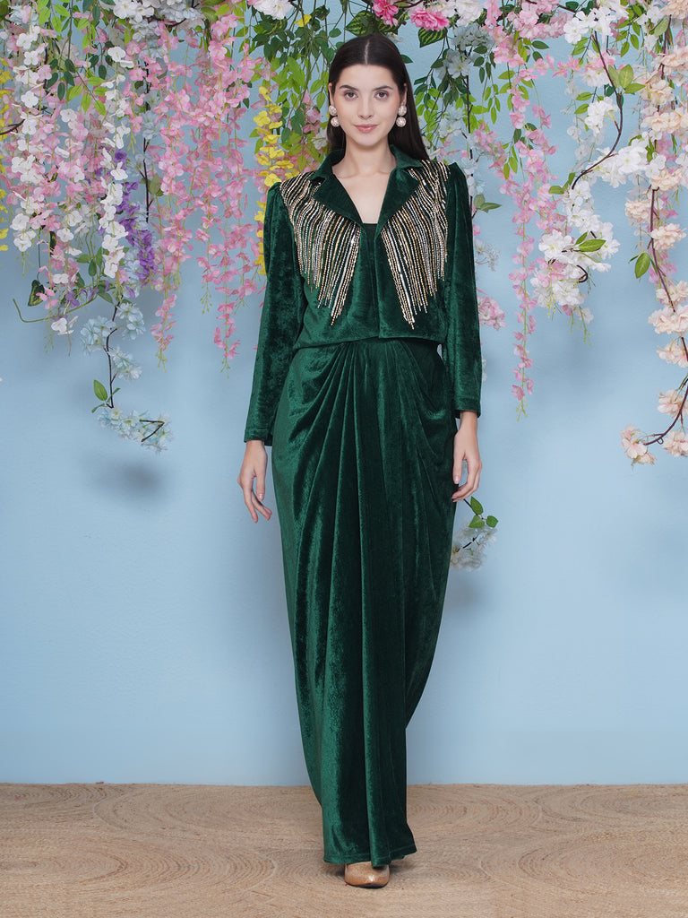 green velvet long dress Green Velvet gown with Hand Embellished Jacket-WRK479 – Women Republic