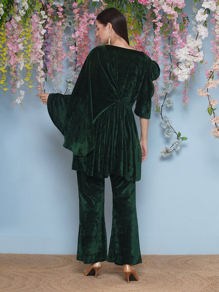 Green Velvet Half Cape hand embellished kurta with bellbottom pant-WRKS202