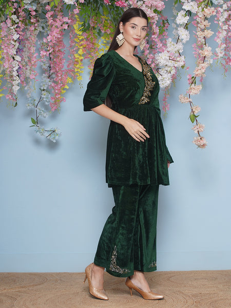 Green Velvet Half Cape hand embellished kurta with bellbottom pant-WRKS202