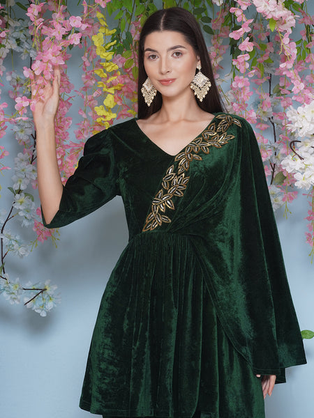 Green Velvet Half Cape hand embellished kurta with bellbottom pant-WRKS202