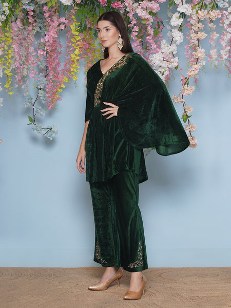 Green Velvet Half Cape hand embellished kurta with bellbottom pant-WRKS202