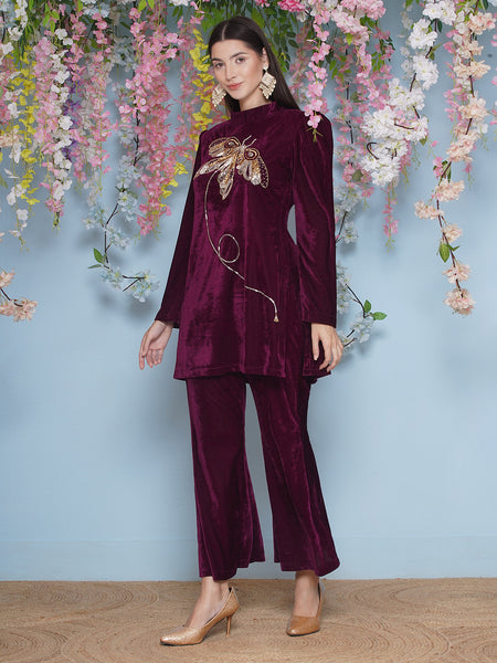 Wine Velvet Hand Embellished Set-WRKS203