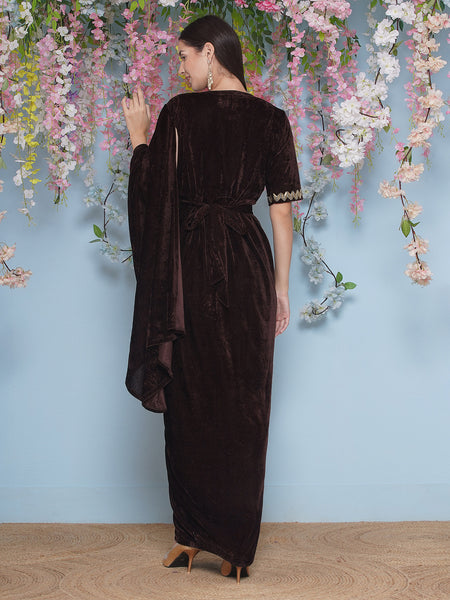 Brown Velvet Hand Embellished gown with belt-WRK475
