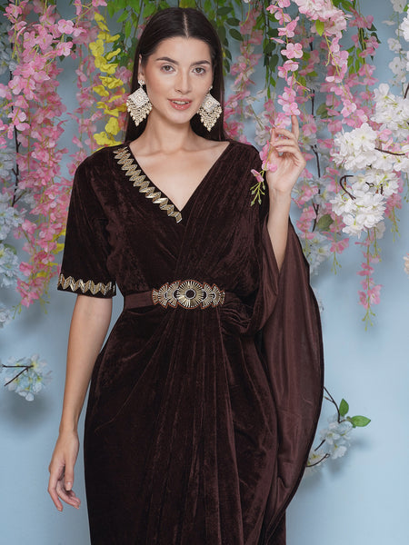 Brown Velvet Hand Embellished gown with belt-WRK475