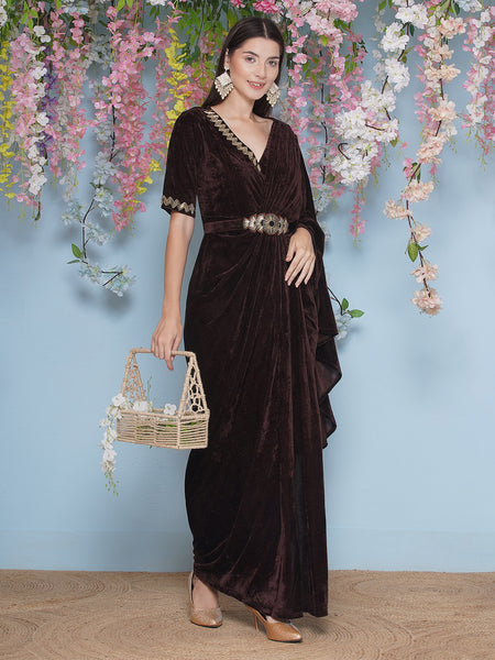 Brown Velvet Hand Embellished gown with belt-WRK475