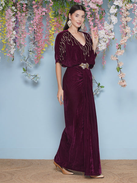 Wine Hand Embellished Gownd with Belt-WEK476