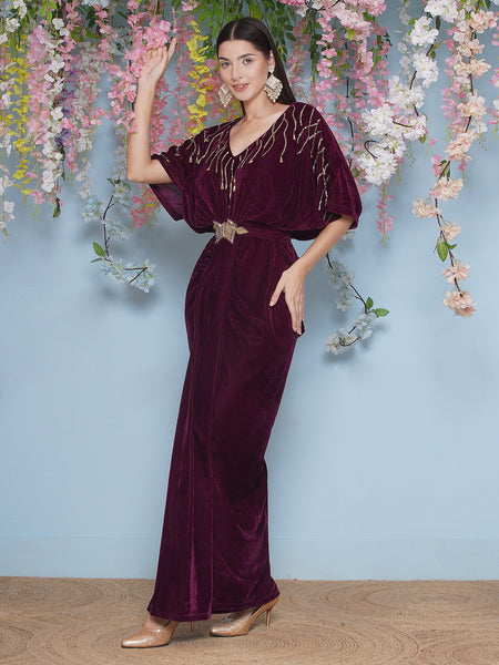 Wine Hand Embellished Gownd with Belt-WEK476