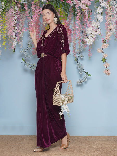 Wine Hand Embellished Gownd with Belt-WEK476