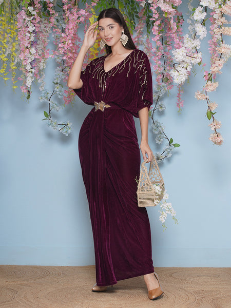 Wine Hand Embellished Gownd with Belt-WEK476