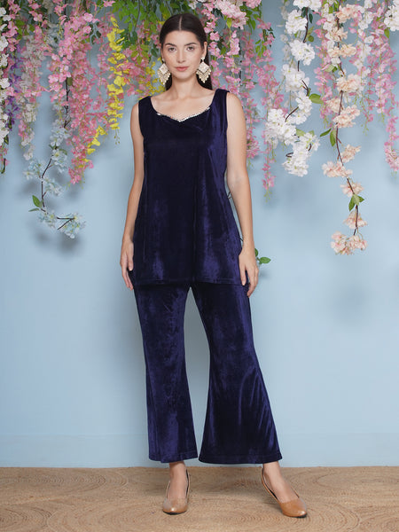 Navy Blue Velvet Embroidered Cape with inner and Bellbottom-WRKS205