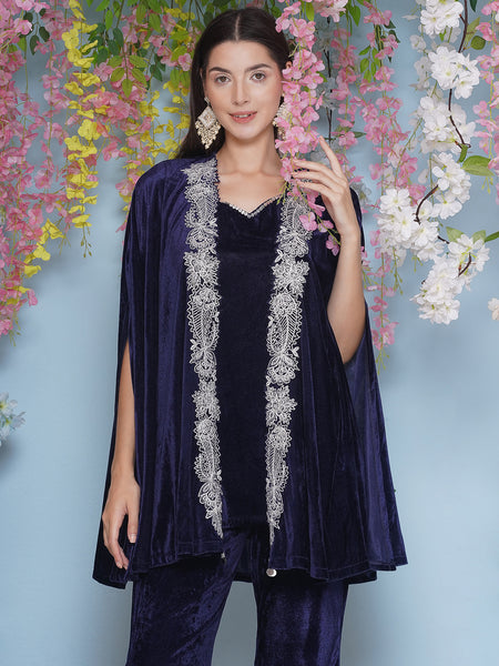Navy Blue Velvet Embroidered Cape with inner and Bellbottom-WRKS205